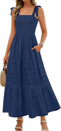 Women's Summer Boho Maxi Dress with Pockets - Smocked A Line