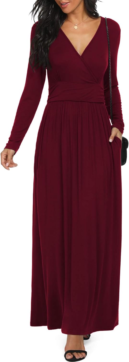 LILBETTER Women Long Sleeve Deep V Neck Maxi Casual Dress