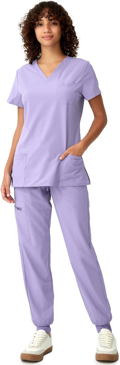 Women's V-Neck Scrubs Top & Cargo Pants Set with 10 Pockets