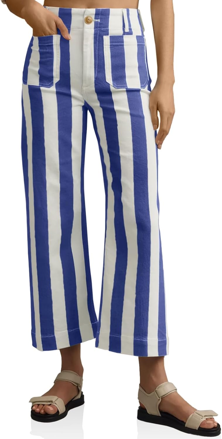 Cropped Striped Jeans for Women - High Waisted Stretchy Denim