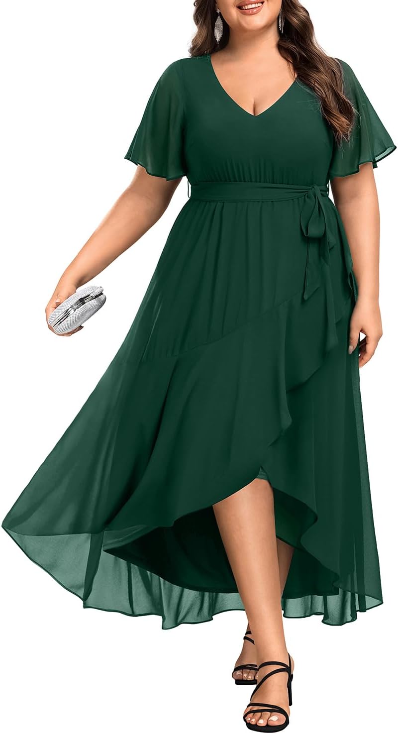 Womens Plus Size Long Dress Chiffon High Low Split Ruffle Style