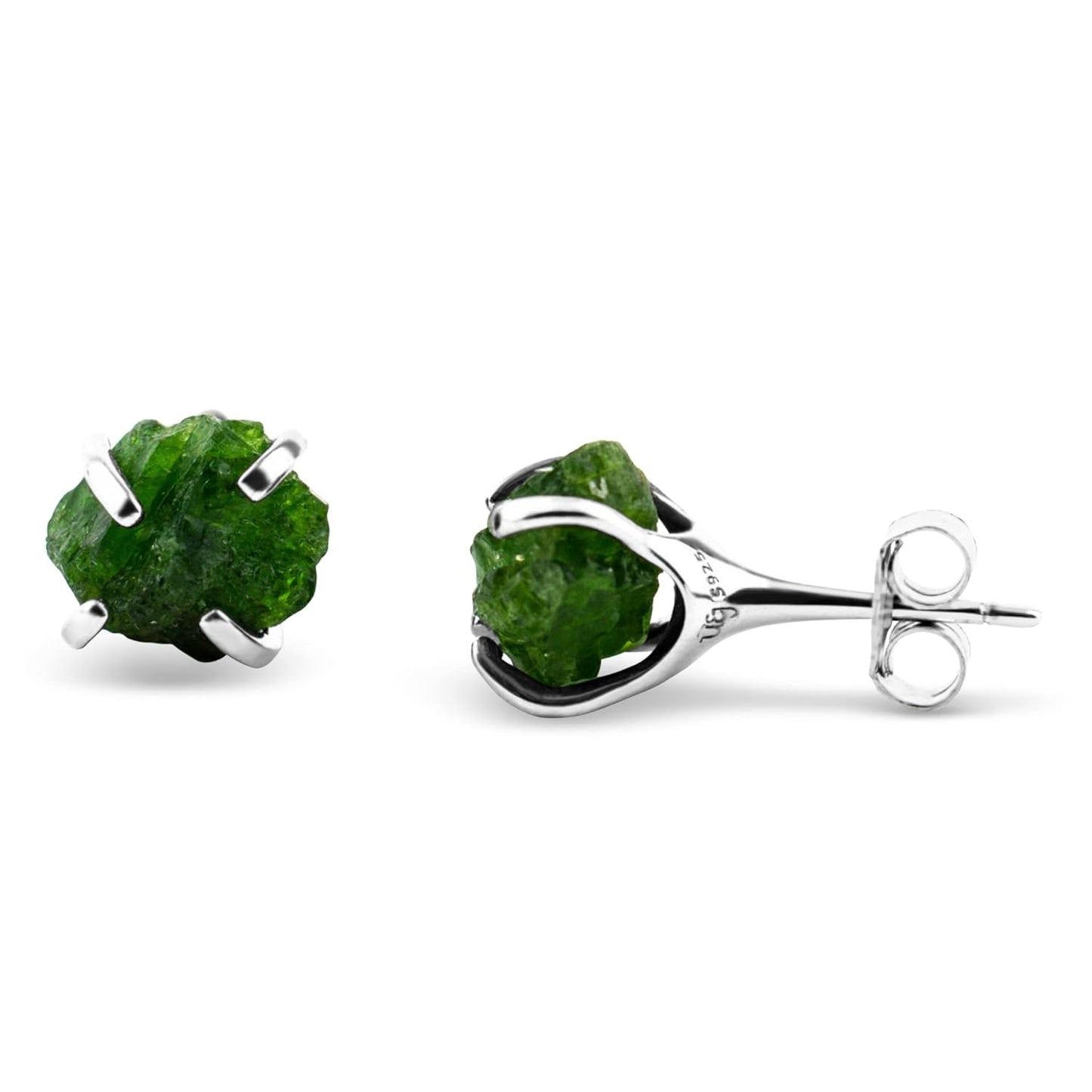 Natural Raw Green Tourmaline Stud Earrings in White Gold