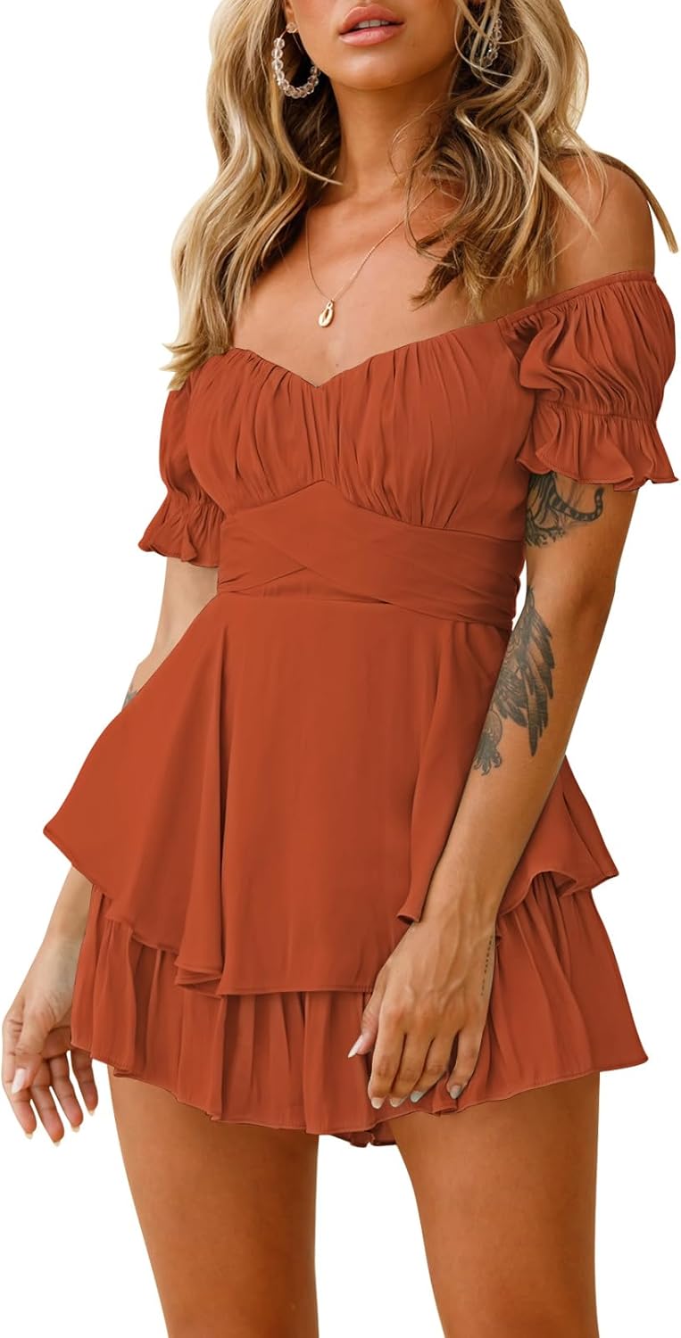 Boho Off Shoulder Ruffle Chiffon Romper for Summer Fun