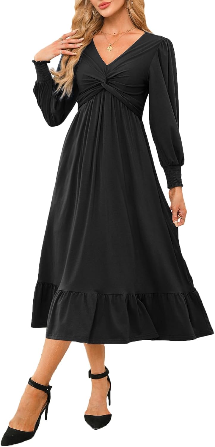Dokotoo Womens Wrap V-Neck Twist Knot Long Sleeve Maxi Dress