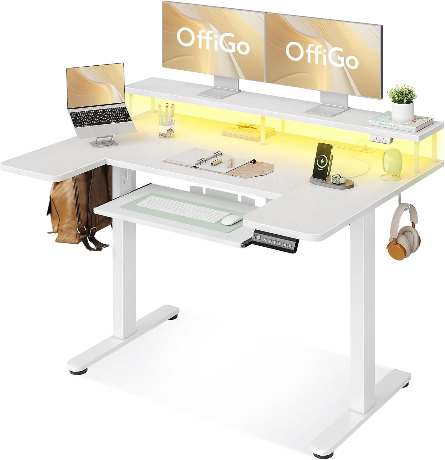 Height-Adjustable U-Shaped Standing Desk - OffiGo: Power Outlets, LED Lights