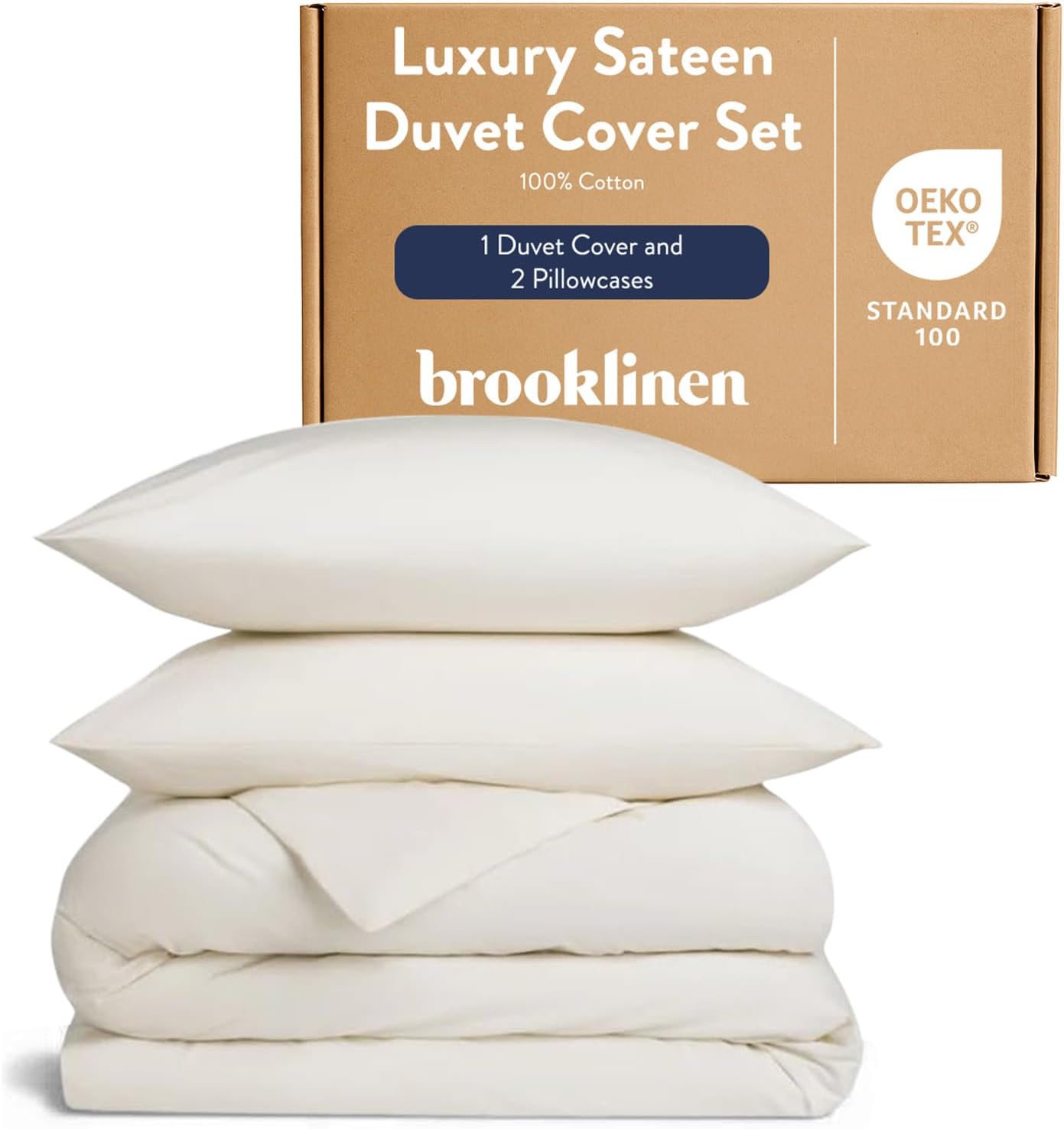 Luxury Sateen Duvet Cover Set King Size in Cream - 3 Piece