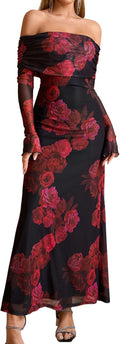 KUTUMAI Off Shoulder Bodycon Maxi Dress - Flattering Mesh Fit well