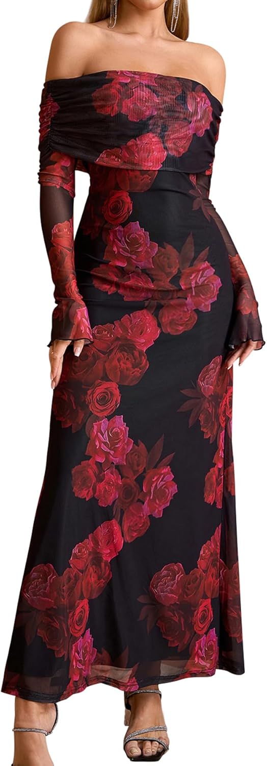 KUTUMAI Off Shoulder Bodycon Maxi Dress for Women 2024