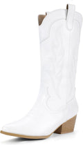 Cowgirl Boots for Women Mid Calf Pointed Toe - Embroidered Chunky Low