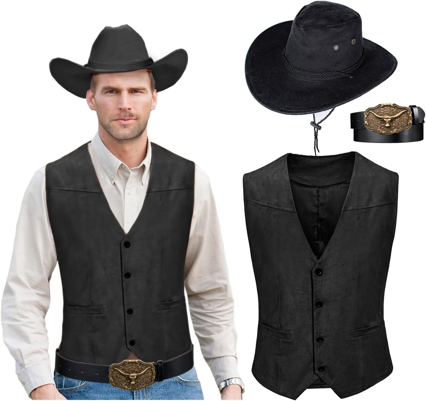 Western Cowboy Costume Vest Hat Belt for Adult Halloween Fun