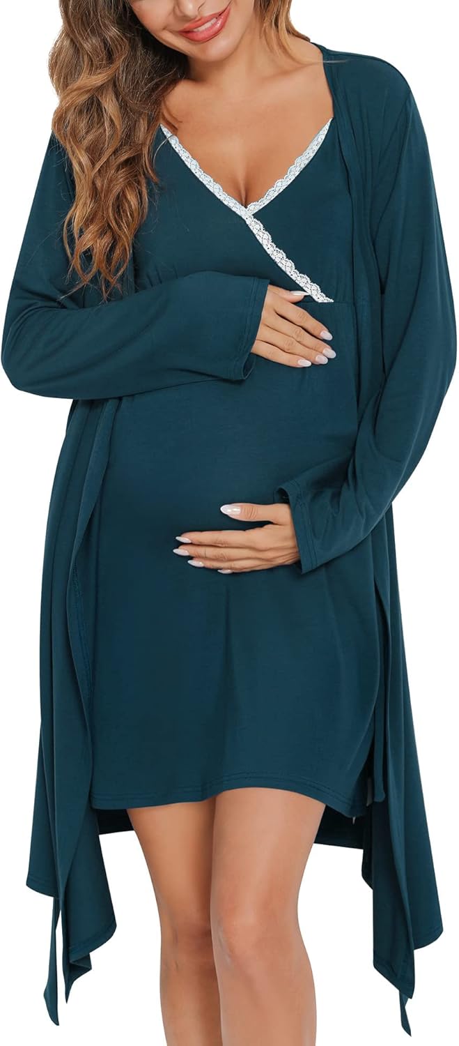 SWOMOG Womens Maternity Robe 2 Piece Nursing Nightgown Set