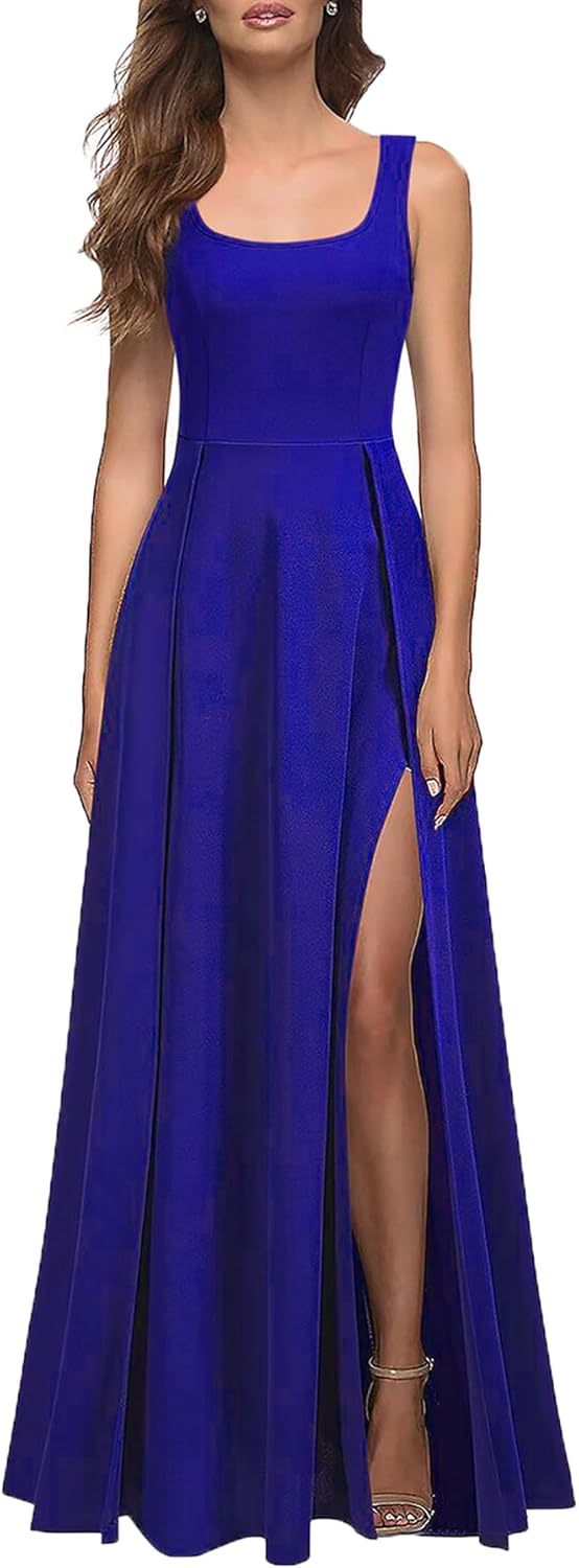MUSHARE Women's Square Neck Sexy Split Cocktail Maxi Dress