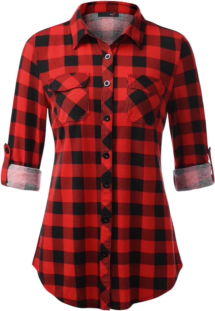 Soft Knit Plaid Shirt: Stylish Roll-Up Sleeves