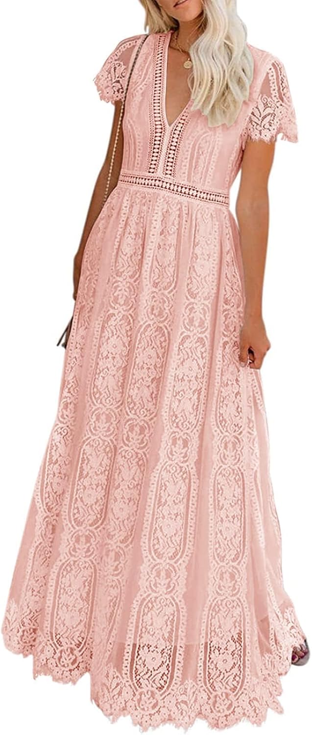 MEROKEETY Women's V Neck Floral Lace Maxi Dress for Weddings