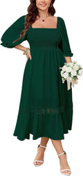 Plus Size Maxi Dress Short Sleeve Square Neck Smocked Flowy Lace Trim