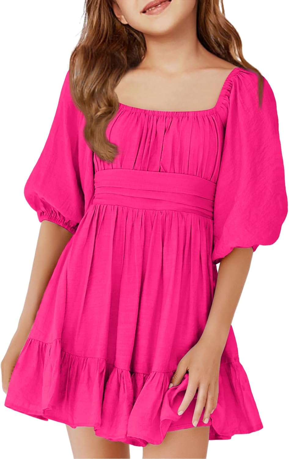 Girls Summer Dresses Square Neck Lantern Sleeve Tie Backless Ruffle