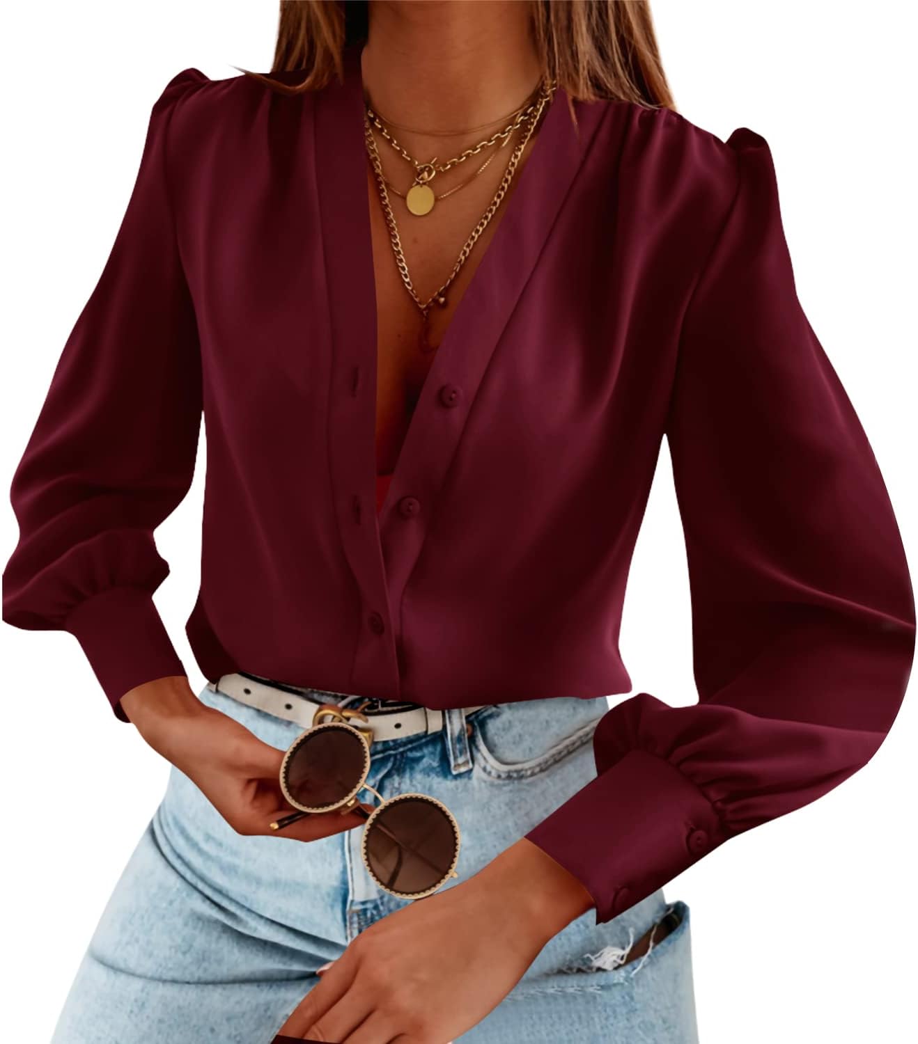 Women's Business Casual Long Sleeve Button Down Chiffon Tops