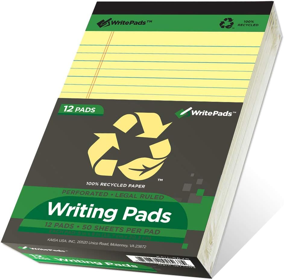 KAISA 5x8 Legal Pads 50 Sheets, Perforated, Recycled Paper, Yellow (12pads)