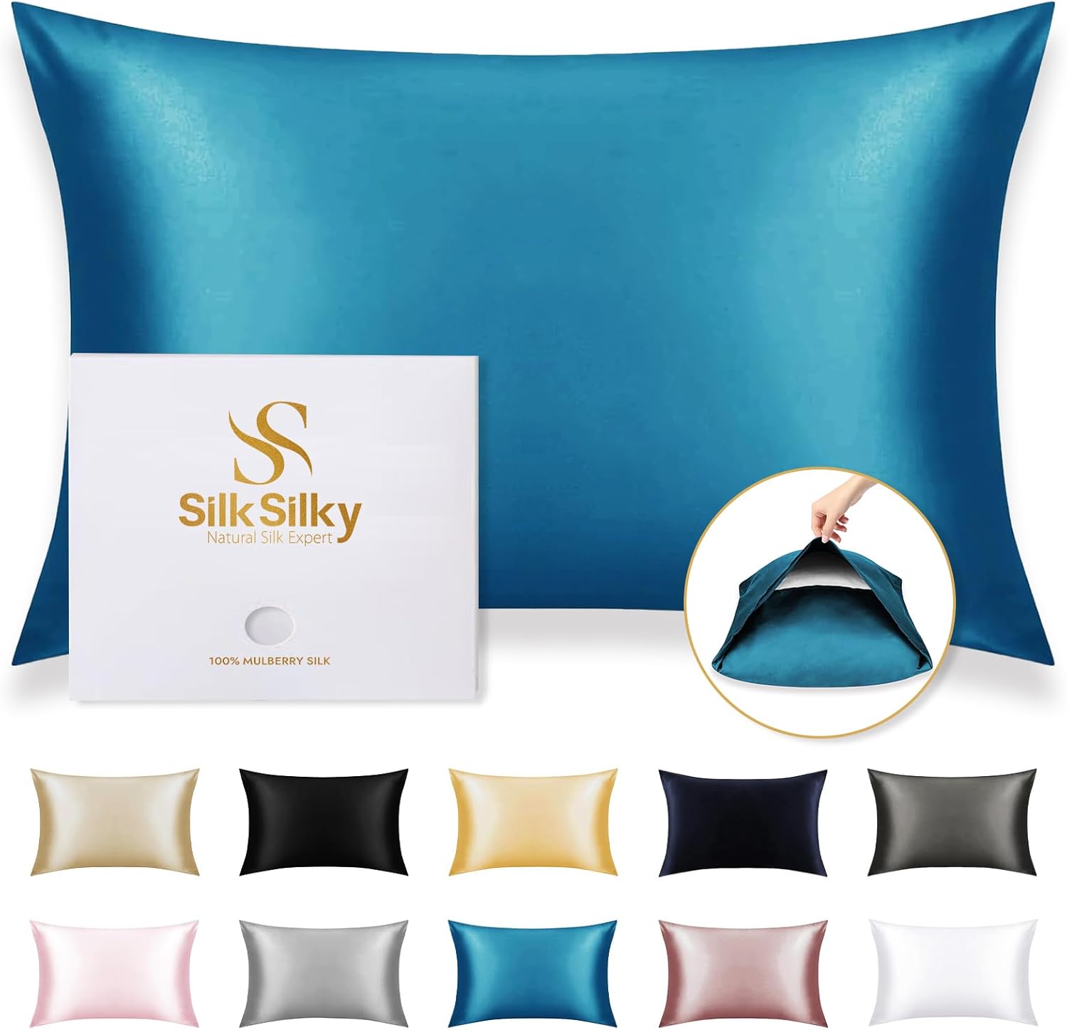 100% Mulberry Silk Pillowcase for Hair & Skin - Teal Queen Size