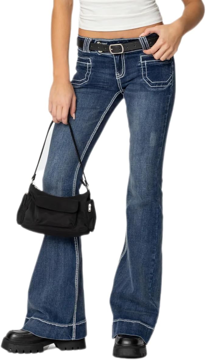 Women's Stretch Low Rise Double Button Elastic Skinny Flare Jeans