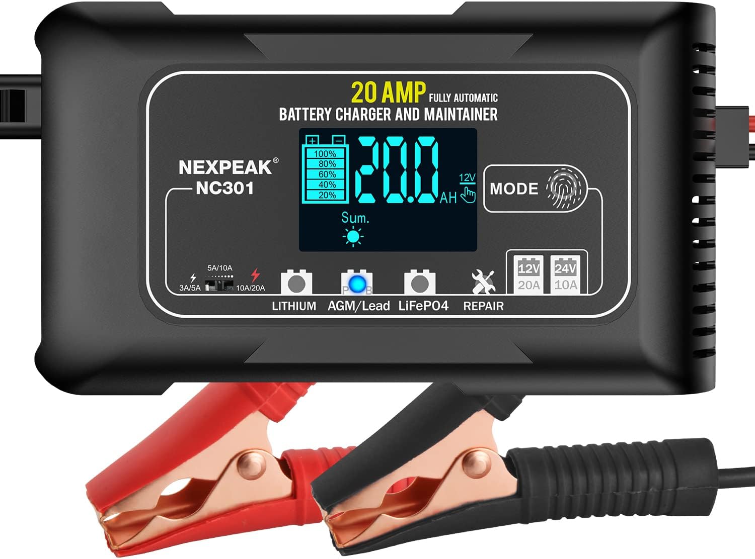 NEXPEAK NC301 20-Amp Car Battery Charger for All Batteries