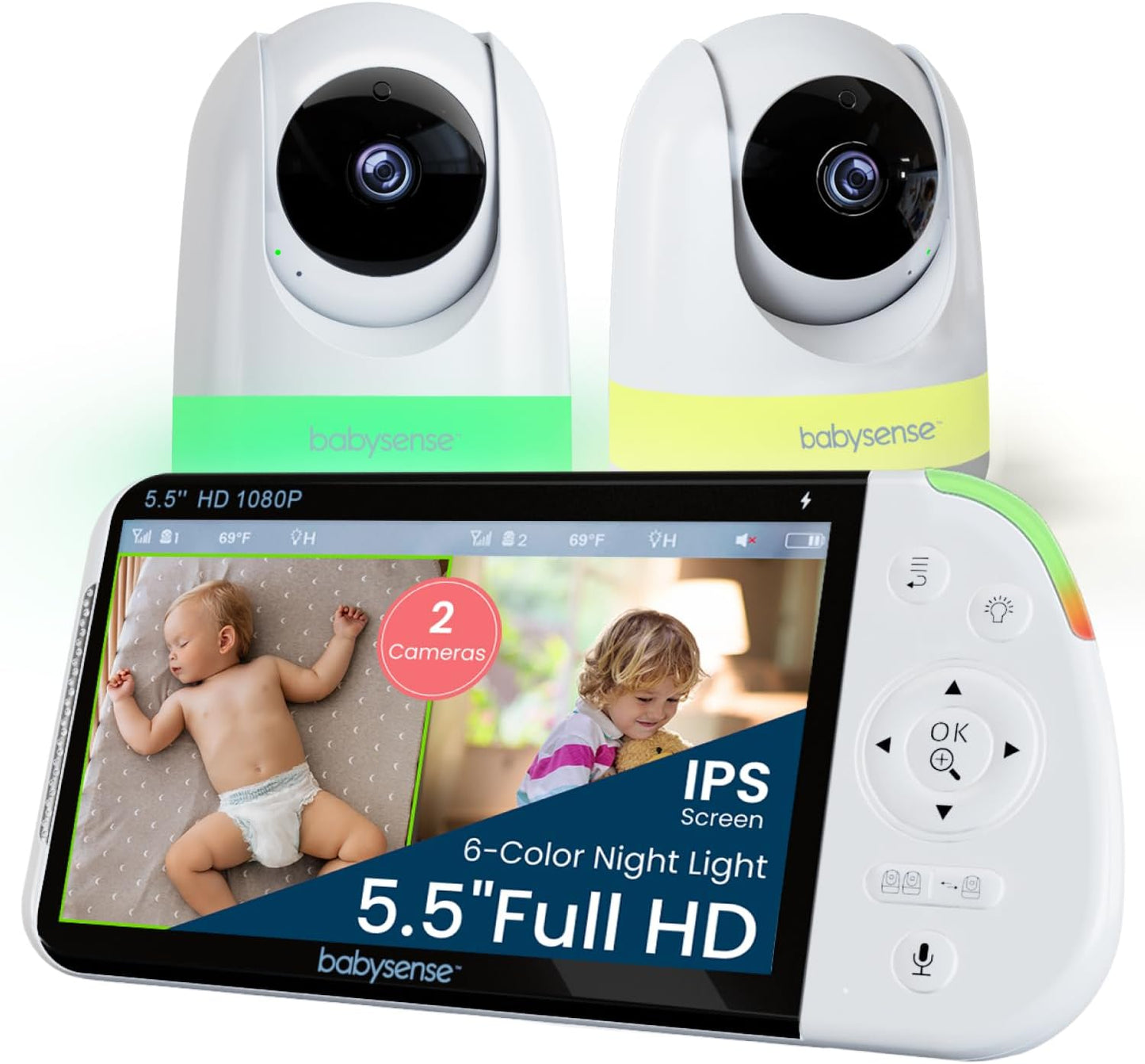 Babysense Full HD 5.5in Split Screen Baby Monitor with 2 Cameras