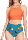 Women's High Neck Tropical Leaf Print High Waisted Bikini Set comfort