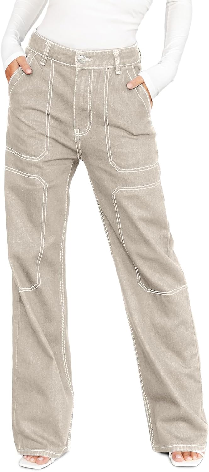 Dokotoo Women's Casual Mid Waist Cargo Jeans for All Seasons