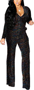 LightlyKiss Women Sparkly V Neck Jumpsuit - Flattering Party One-Piece