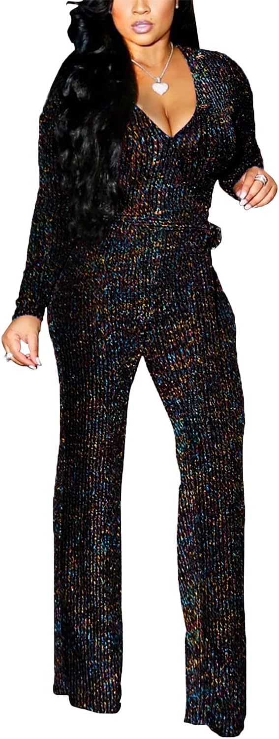 LightlyKiss Women Casual Sexy V Neck Sparkly Jumpsuits for Parties
