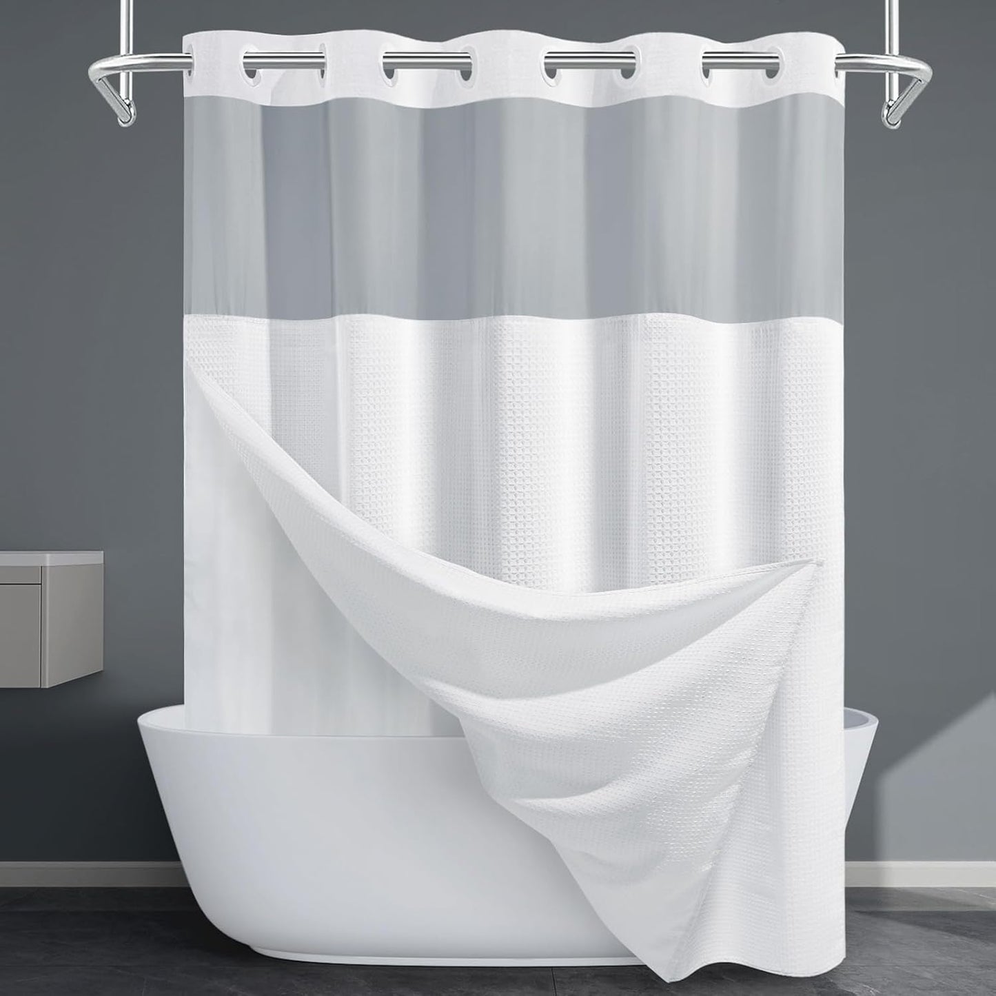 Long No Hook Shower Curtain with Snap in Liner for Bathroom