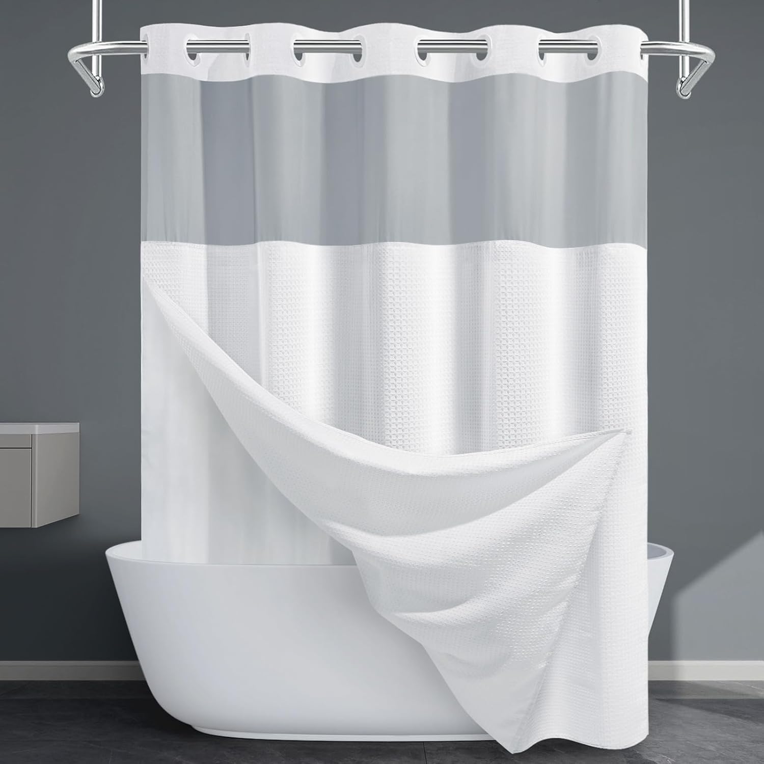 White Long No Hook Shower Curtain with Snap in Liner for Elegance