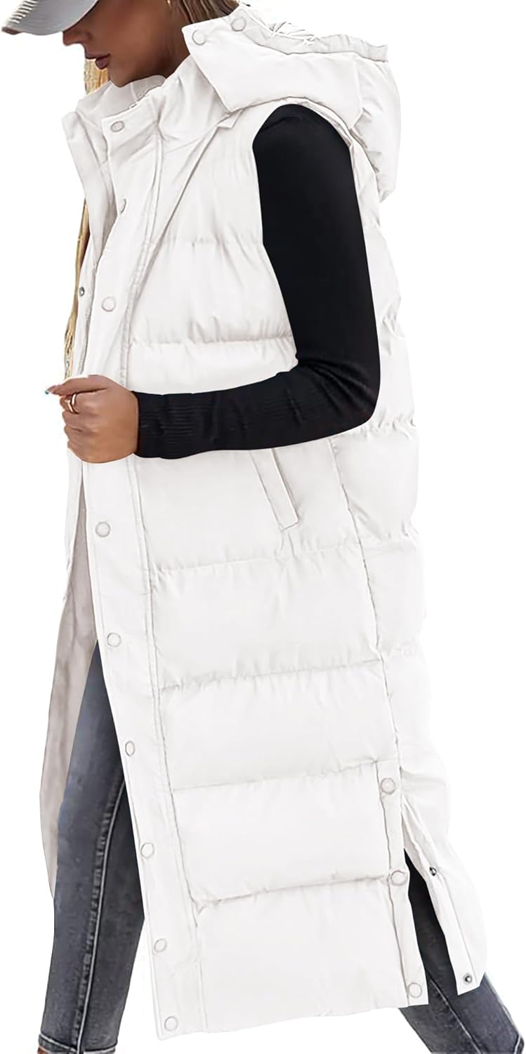 Long Puffer Vest for Women - Quilted Hooded Sleeveless Jacket
