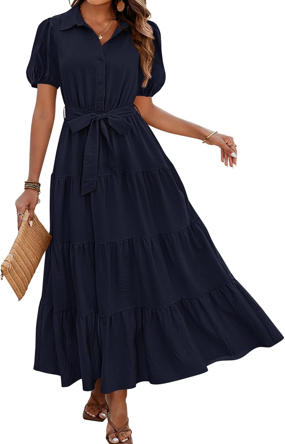 Dowerme Womens Summer Dresses Short Sleeve Button Tie Waist
