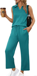 Two Piece Lounge Set Sleeveless V Neck Top and Wide Leg Pant - Relaxed