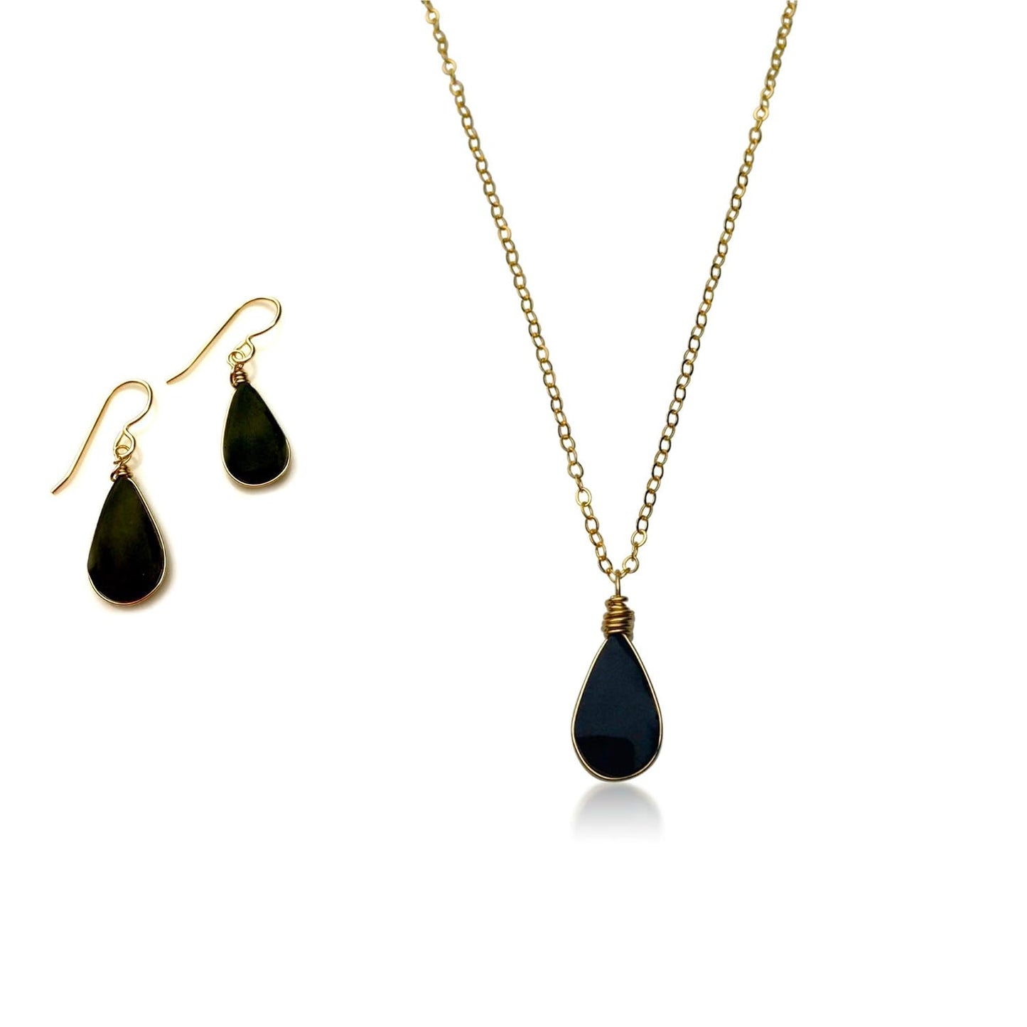 Obsidian Stone Jewelry Set - Gold Filled Pendant and Earrings