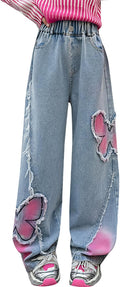 Kids Girls Distressed Elastic Waist Baggy Wide Leg Jeans - Comfortable