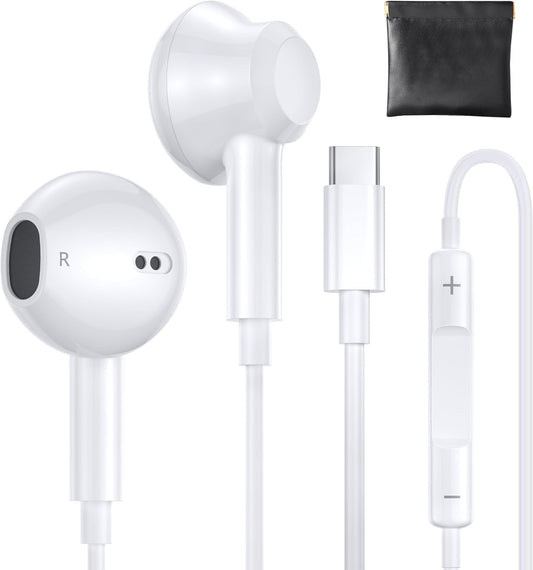 MFi Certified USB C Earphones | HiFi Stereo Earbuds for iPhone 15, Mic & Volume Control