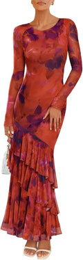 Women's Fall Floral Wedding Guest Bodycon Dress - Mesh Ruffle Maxi