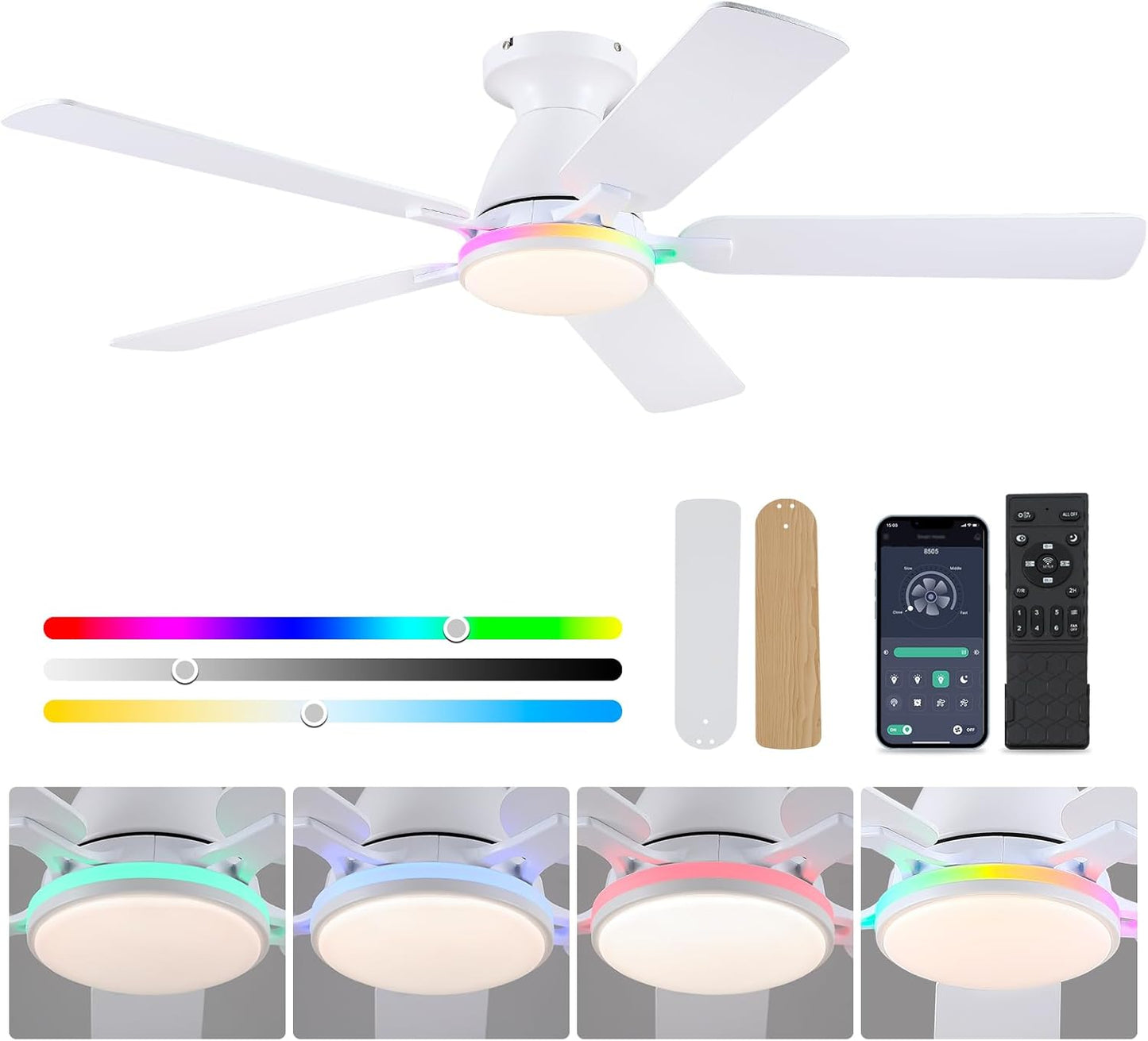 52 RGB Low Profile Indoor Ceiling Fan with Light and Remote Control