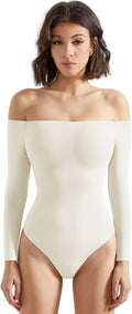 Off the Shoulder Long Sleeve Bodysuit - Slimming Double Lined Fit 24%
