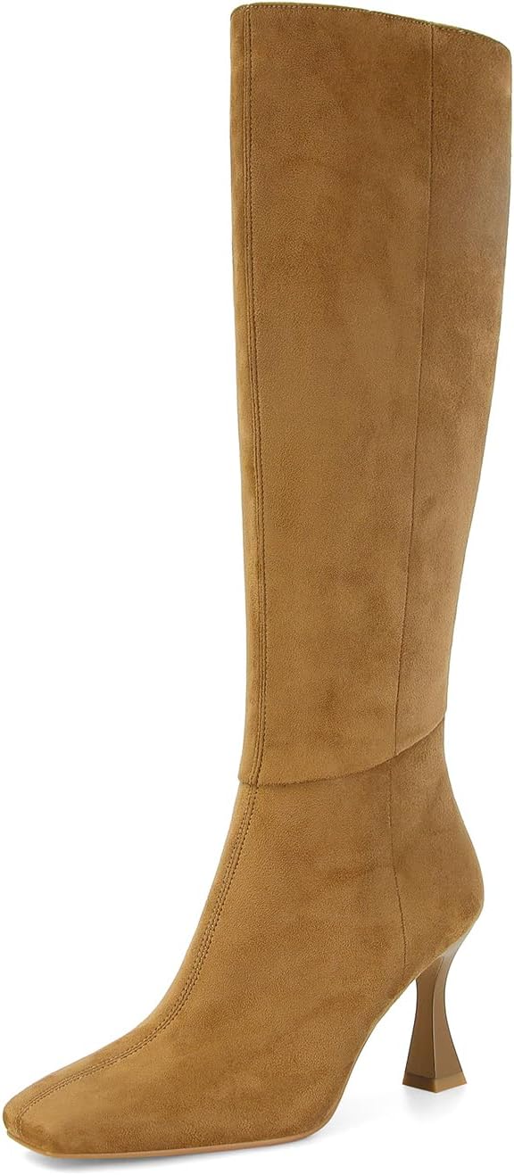 Dsevht Black Leather Knee High Boots for Women with Stiletto Heels