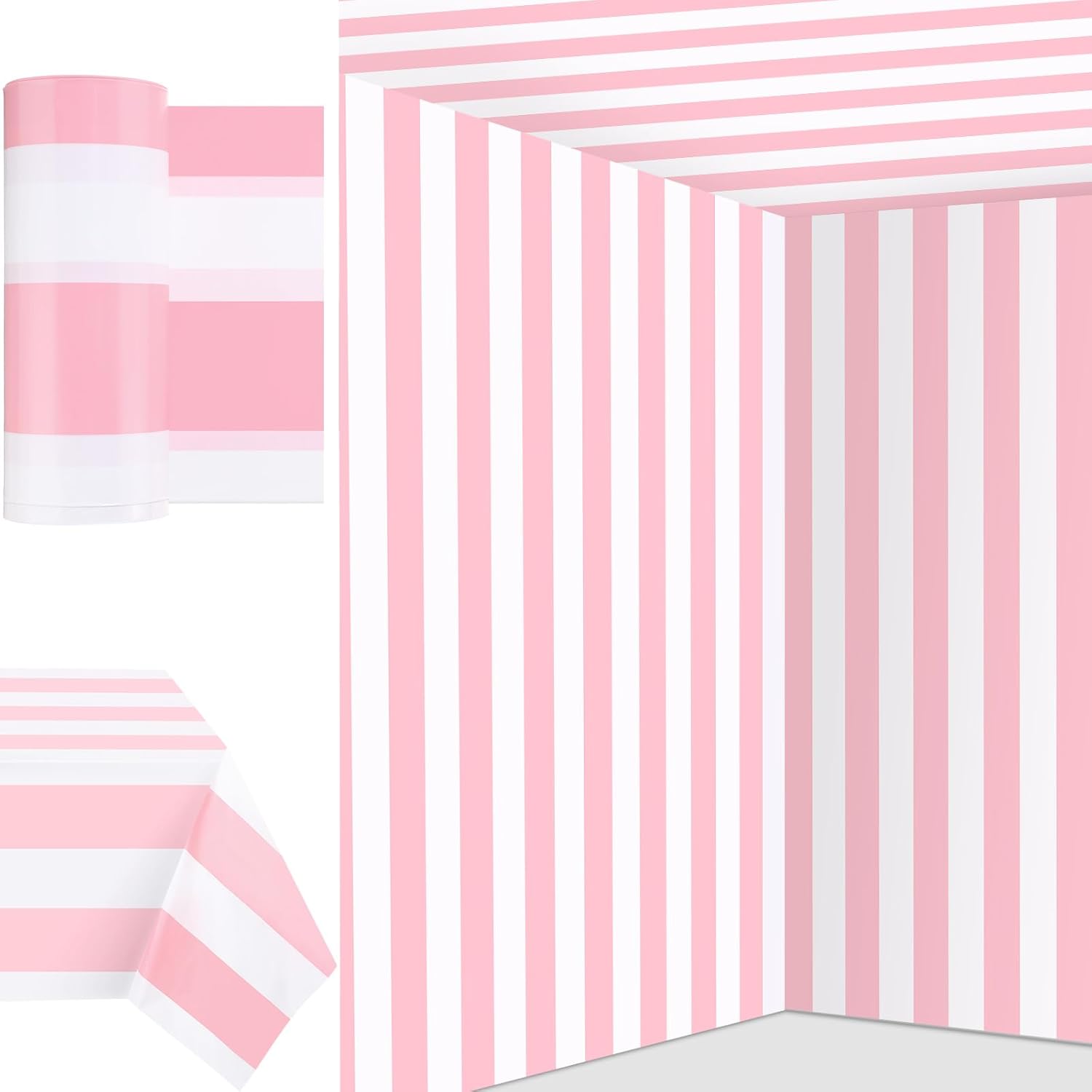 Pink and White Striped Tablecloth Roll for Parties and Events