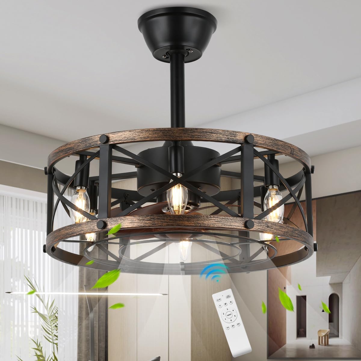 19in Farmhouse Fandelier Ceiling Fan with Light and Remote Control