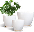 Ceramic Pots for Plants Set of 3 - Modern Round Planters with Drainage