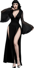 Women Gothic V Neck High Slit Witch Sleeve Lace Patchwork Dress
