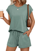 Womens Crew Neck Two Piece Short Set - Breathable Summer Loungewear