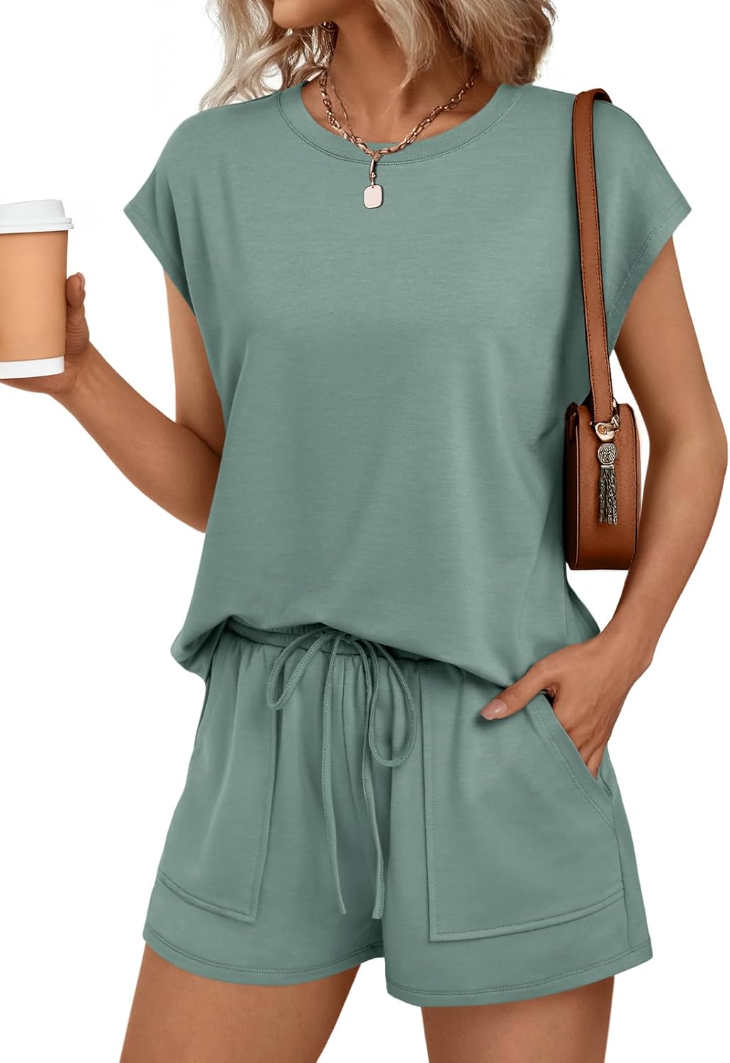 AUTOMET Womens Crew Neck Two Piece Short Sets for Summer Fun