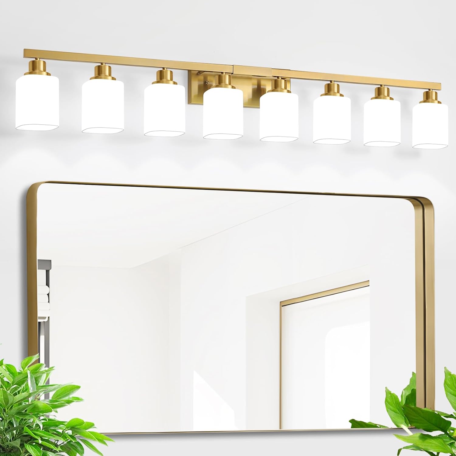 8-Light Brushed Gold Bathroom Vanity Light with Frosted Glass