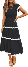 Womens Smocked Midi Dress with Rickrack Trim - Flattering Summer Fit